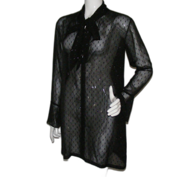 THEORY Sheer Dress, 2, NEEDS SLIP, Black, Secretary Bow, Metallic Swiss Dots - Picture 3 of 12